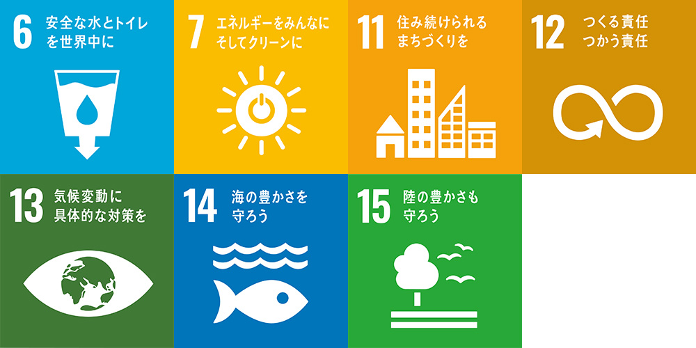 6 安全な水とトイレを世界中に / 7 エネルギーをみんなに そしてクリーンに / 11 住み続けられるまちづくりを / 12 つくる責任 つかう責任 / 13 気候変動に具体的な対策を / 14 海の豊かさを守ろう / 15 陸の豊かさも守ろう